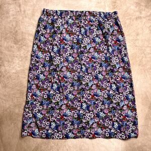 Vintage 80s Floral Midi Skirt Multicolor Elastic Waist Women's 12 Boho